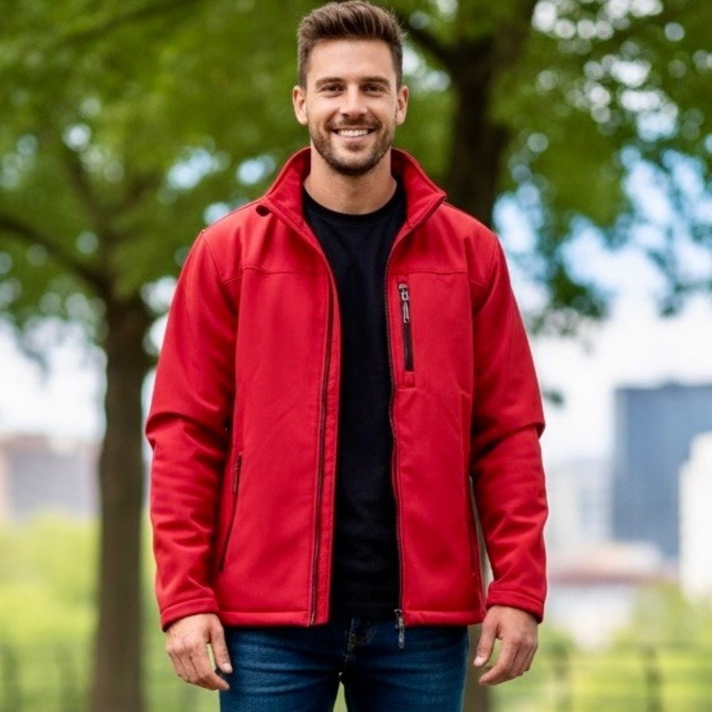 Departed SoftShell Jacekt‎ Men Large Fleece Lined Front Zipper Pockets Red Black